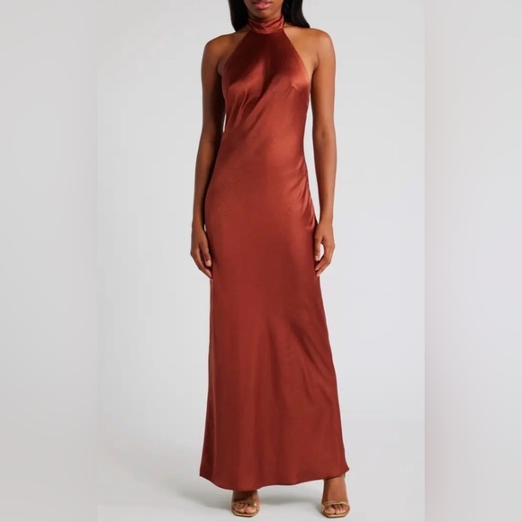 Lulus Women’s Medium Copper Love in Your Life Satin Cocktail Halter Maxi Dress - Picture 1 of 15